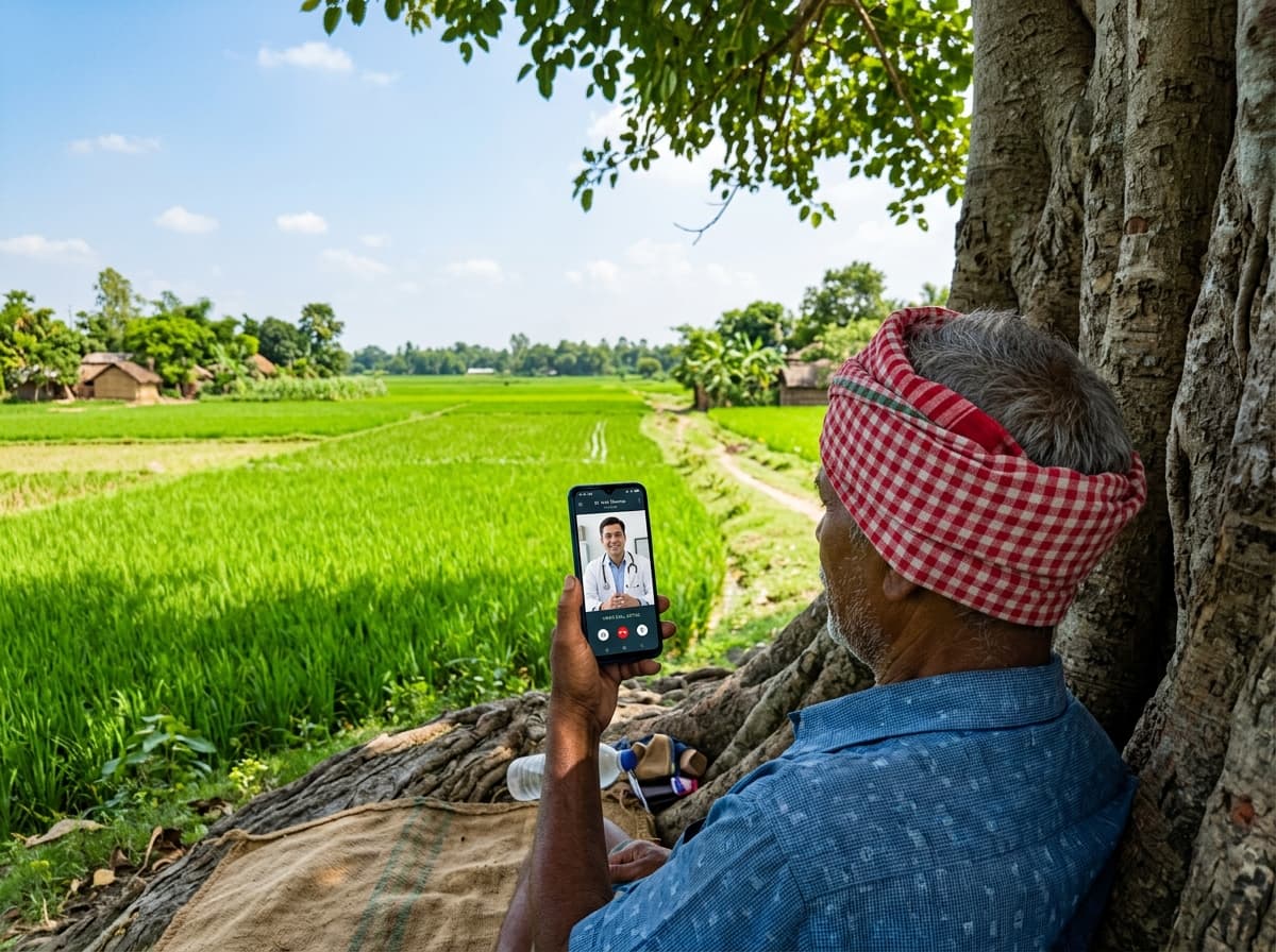 Rural farmer consulting doctor on smartphone in agricultural field