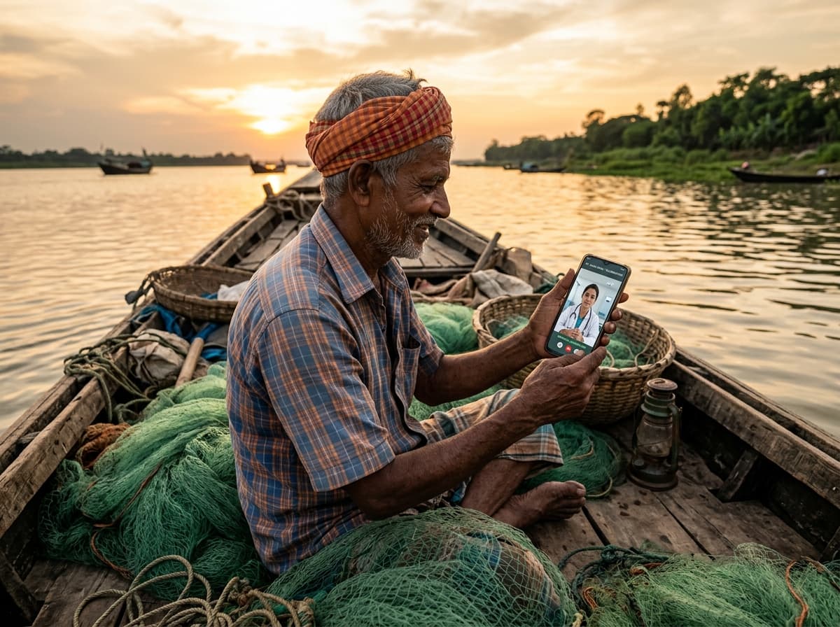 Fisherman on river consulting doctor on smartphone