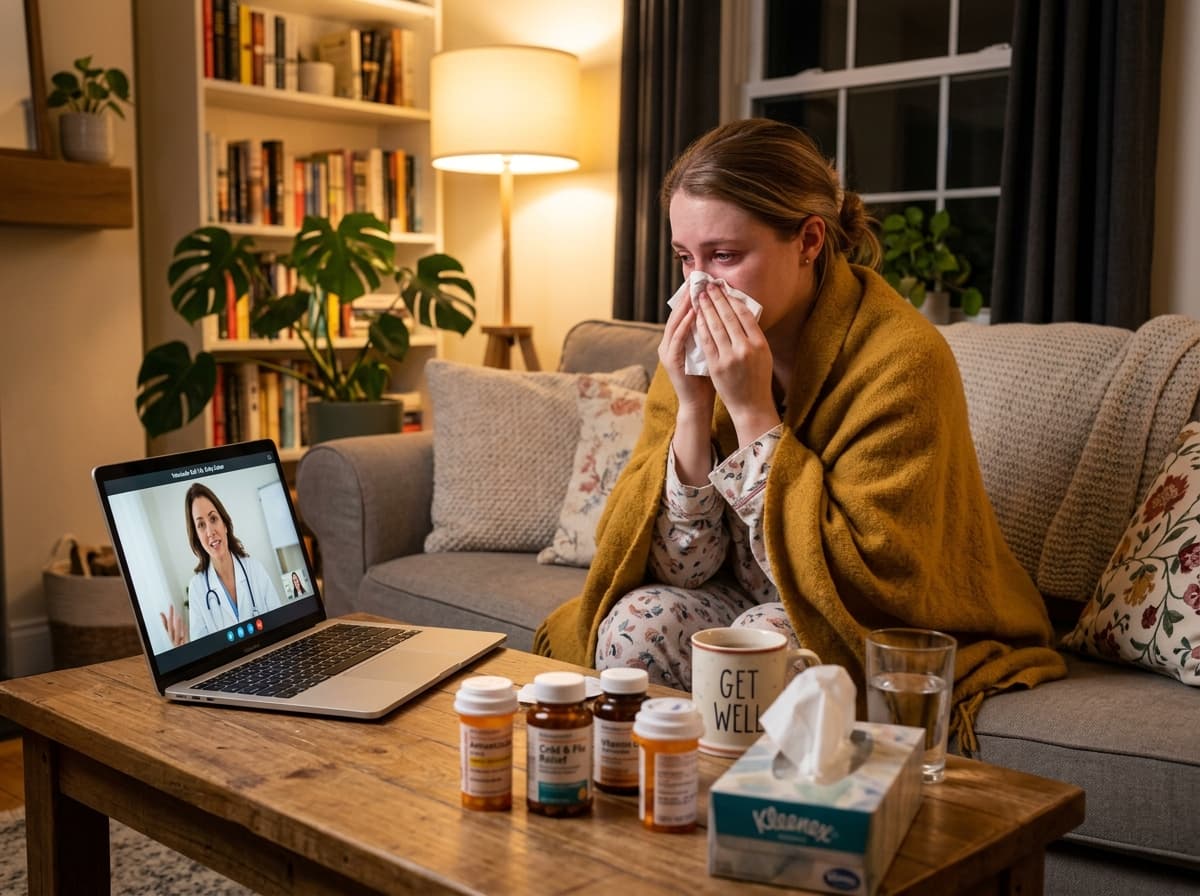 Patient consulting doctor on laptop from home sofa